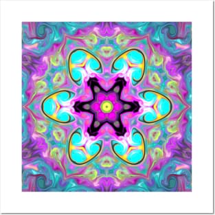 Psychedelic Mandala Flower Blue Pink and Yellow Posters and Art